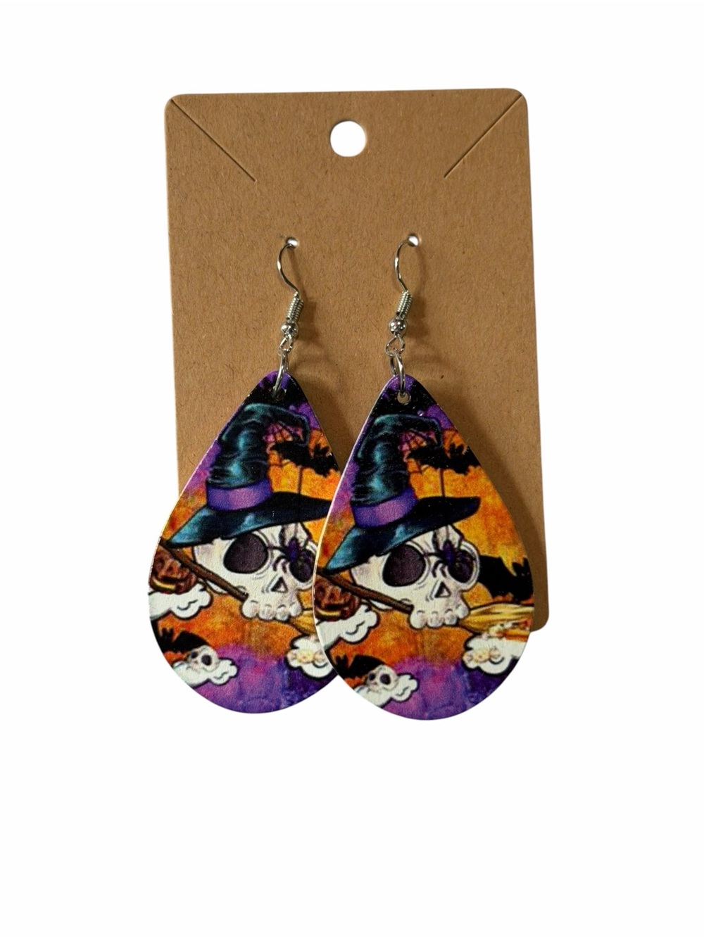 Halloween Skull Witch Teardrop Earrings in Purple and Orange
